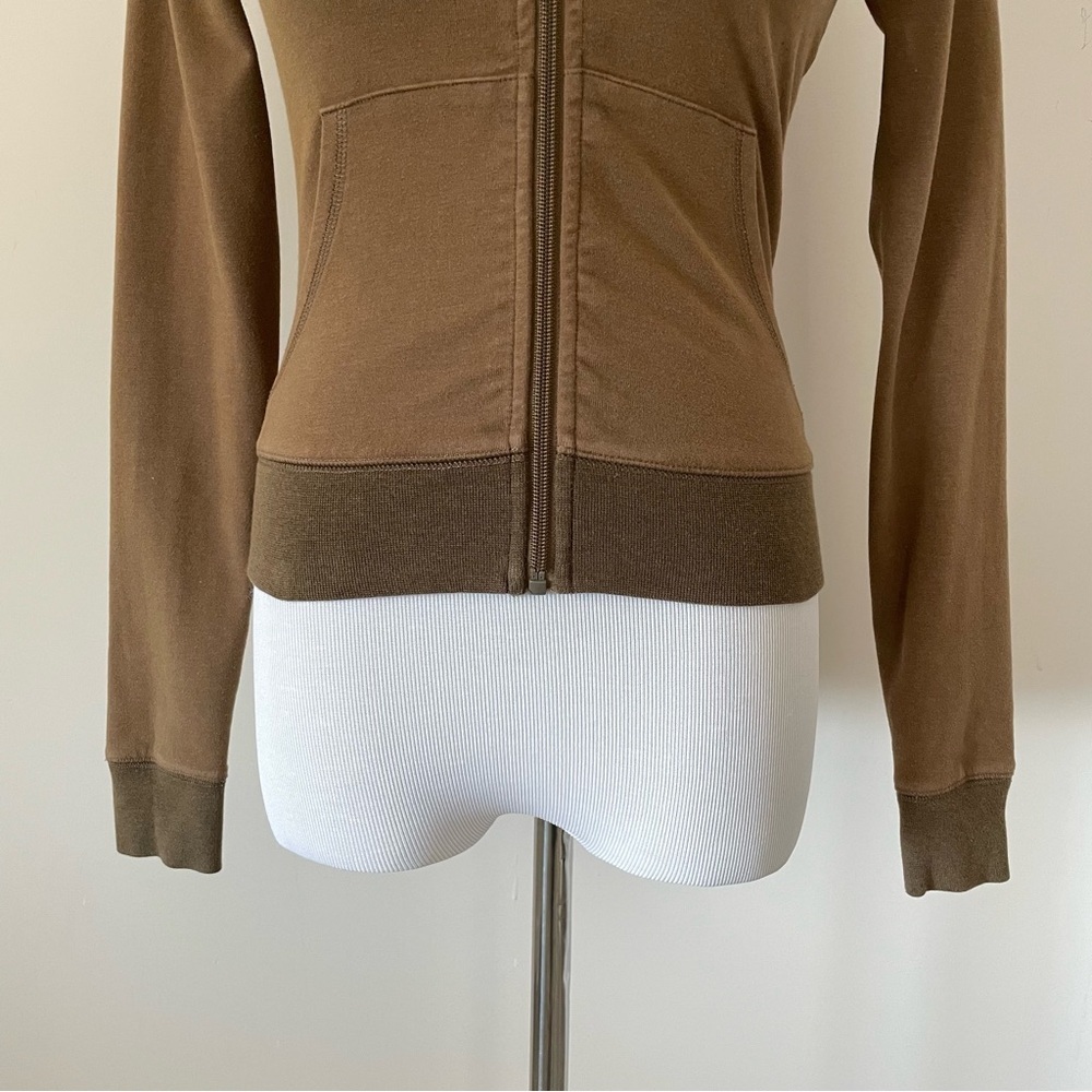 RARE - SKIMS- FULL ZIP ARMY BROWN STRETCH HOODIE- SIZE XS - Picture 2 of 10